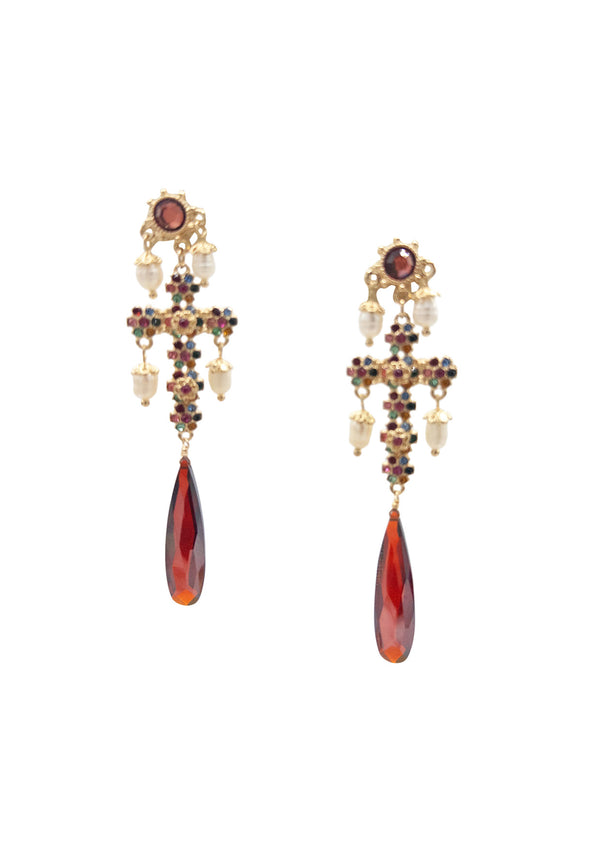 Statement Cross Red Hydroquartz Earrings