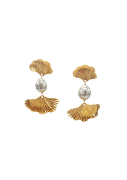 Gold Double Fan Pearl Earrings