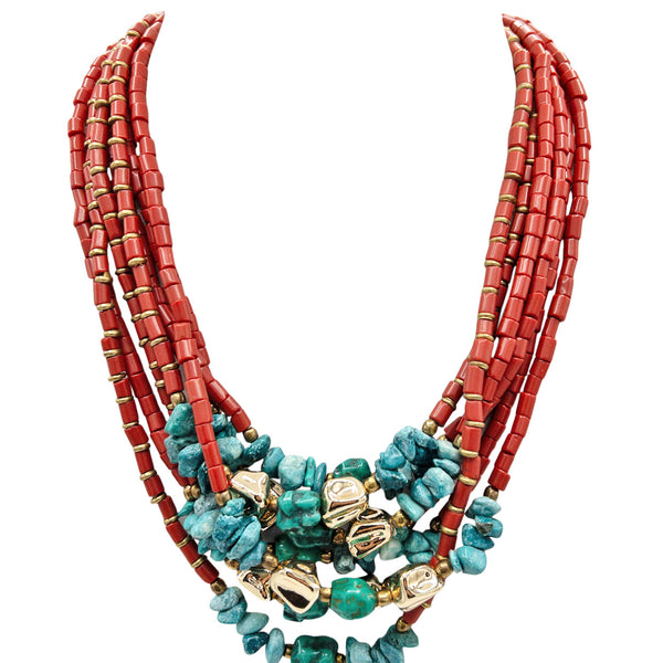 BEAUTIFUL STATEMENT Necklace Turquoise & good Aqua with Red/Ruby Shell 2 Strand......one of a kind....1530h Boho/Holiday/Beach/Shabby Chic Wear