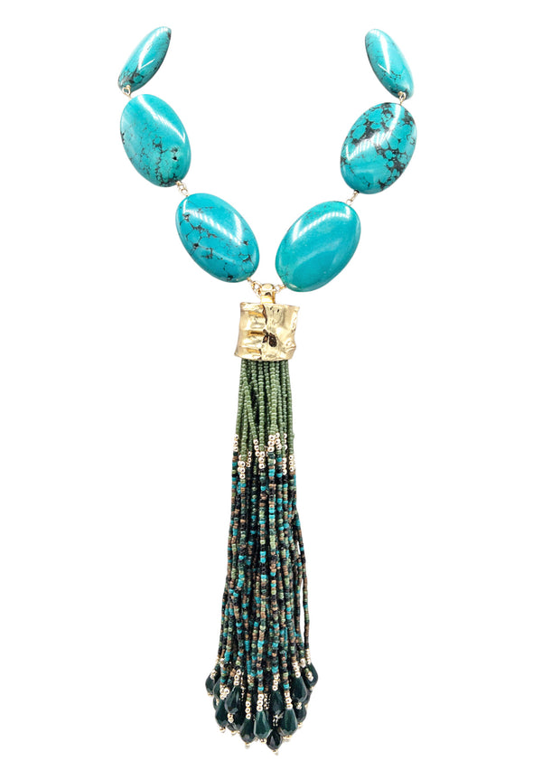 Turquoise Gold Accent Green Tassel Necklace