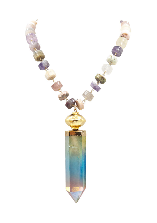 Multi Stone Gold Accent Rainbow Spike Pendant Necklace