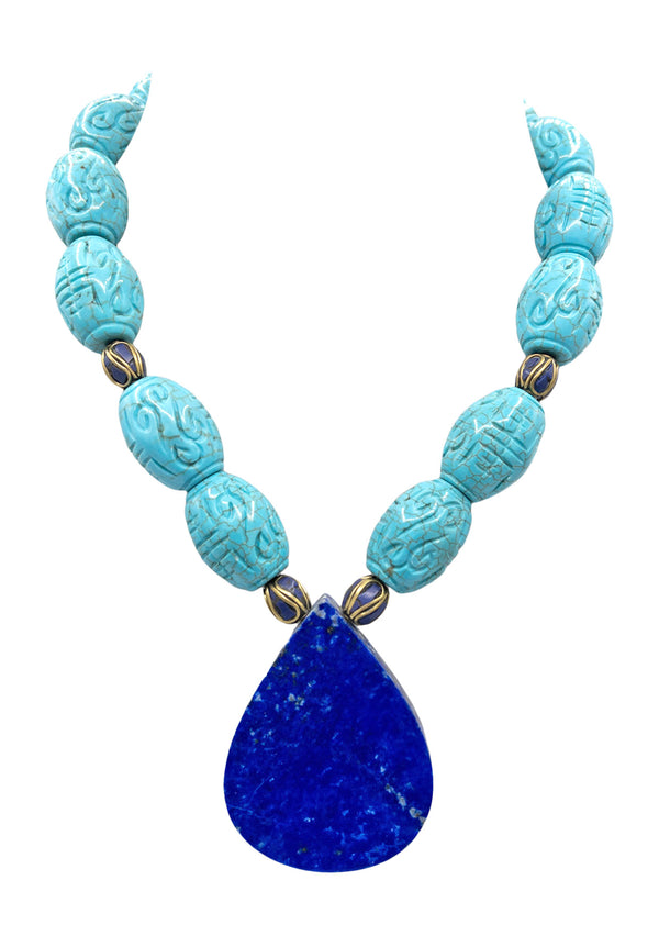 Carved Turquoise DENIM Lapis Pendant Necklace