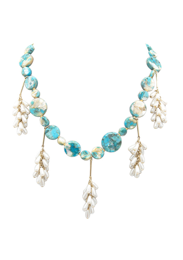 Turquoise Coin  Pearl Cluster Necklace