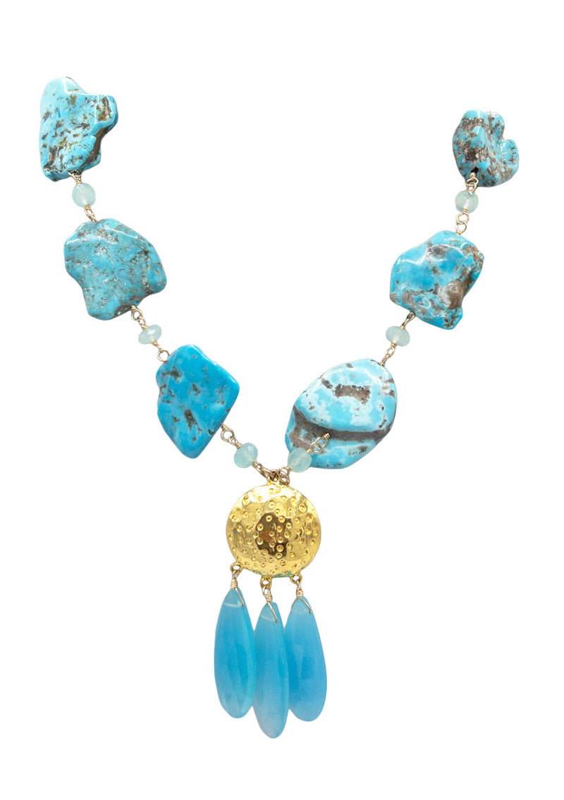 Turquoise Gold Medallion Blue Chalcedony Necklace