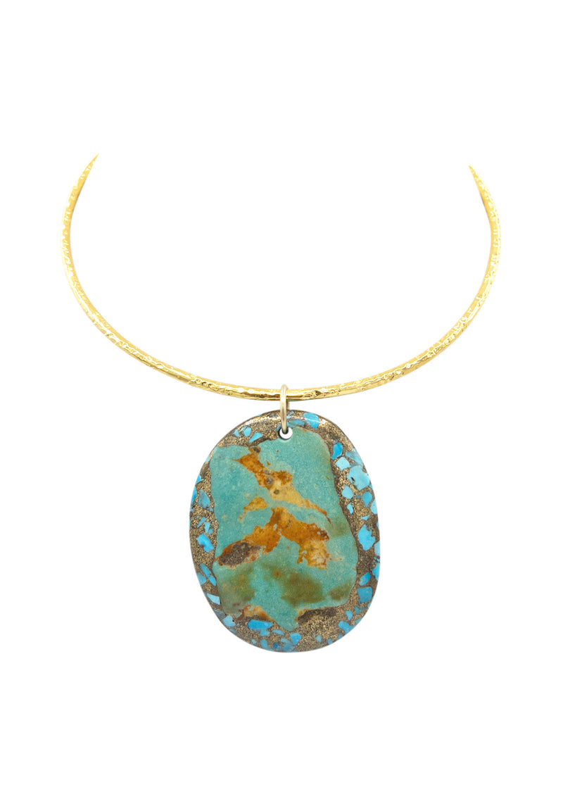 Peruvian Copper Infused Turquoise Pendant Gold Bar Necklace