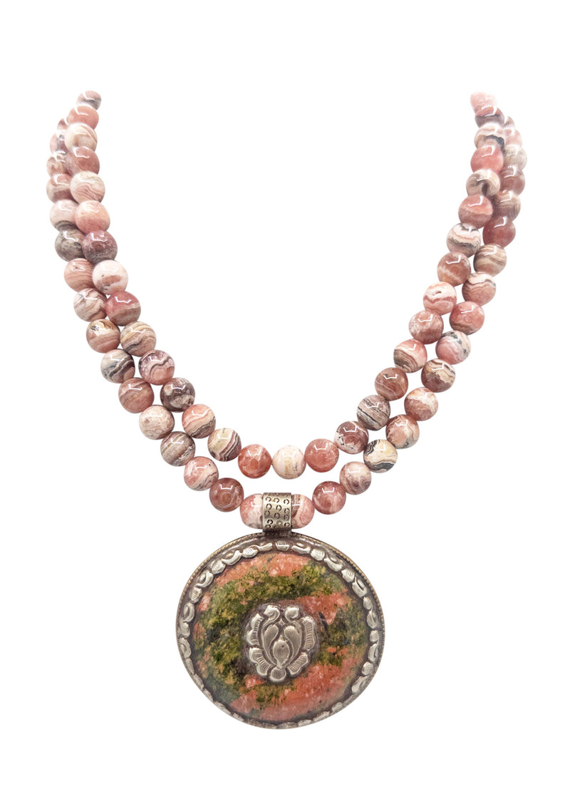 Rhodochrosite Tibetan Silver and Jasper Pendant Necklace