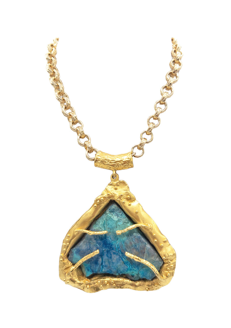 Chrysocolla in Handmade Gold Setting Pendant Necklace