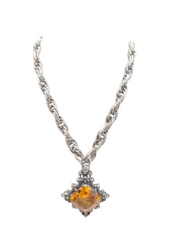 Crystal Amber Rhodium Pendant Necklace