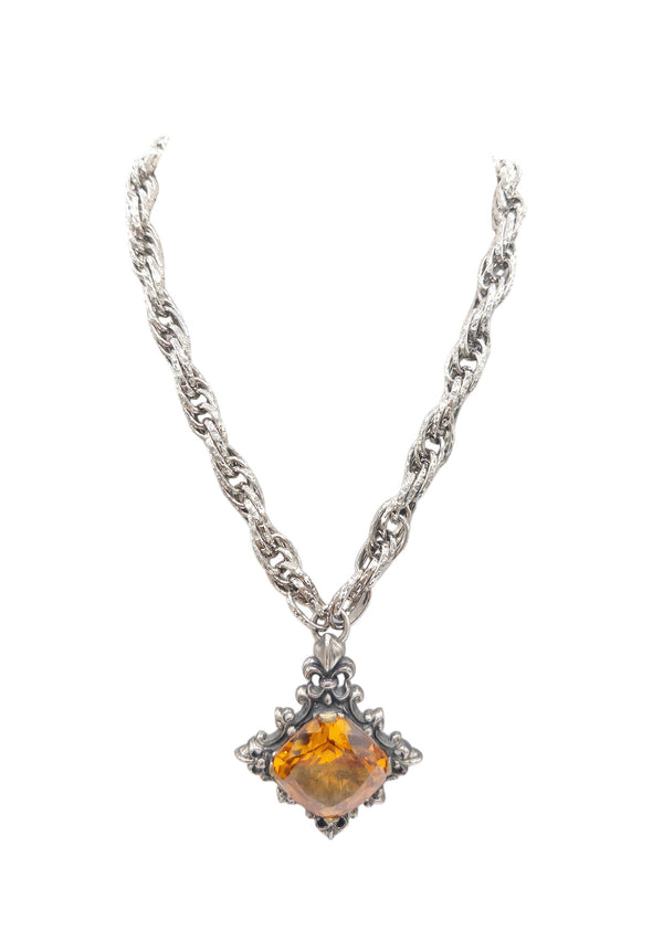 Crystal Amber Rhodium Pendant Necklace